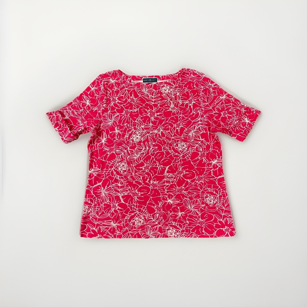 Karen Scott Shirt Woman's XL Pink White Floral Blouse Top Cuffed Short Sleeve